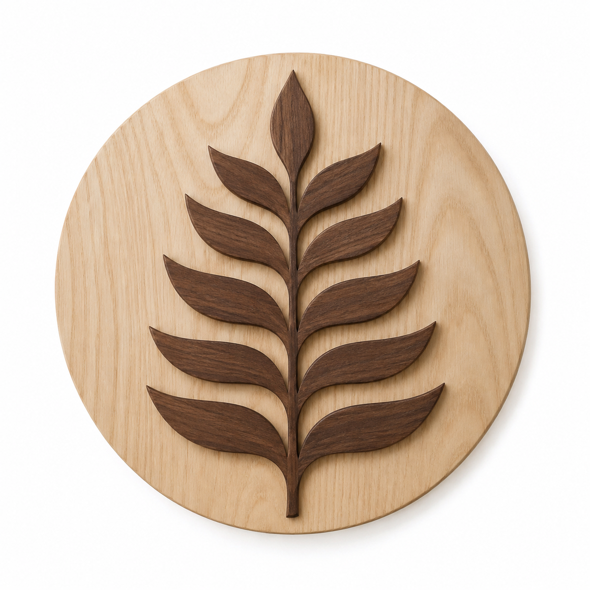 Rond houten wandpaneel met bladmotief