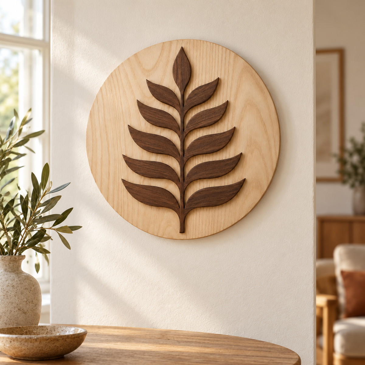 Rond houten wandpaneel met bladmotief