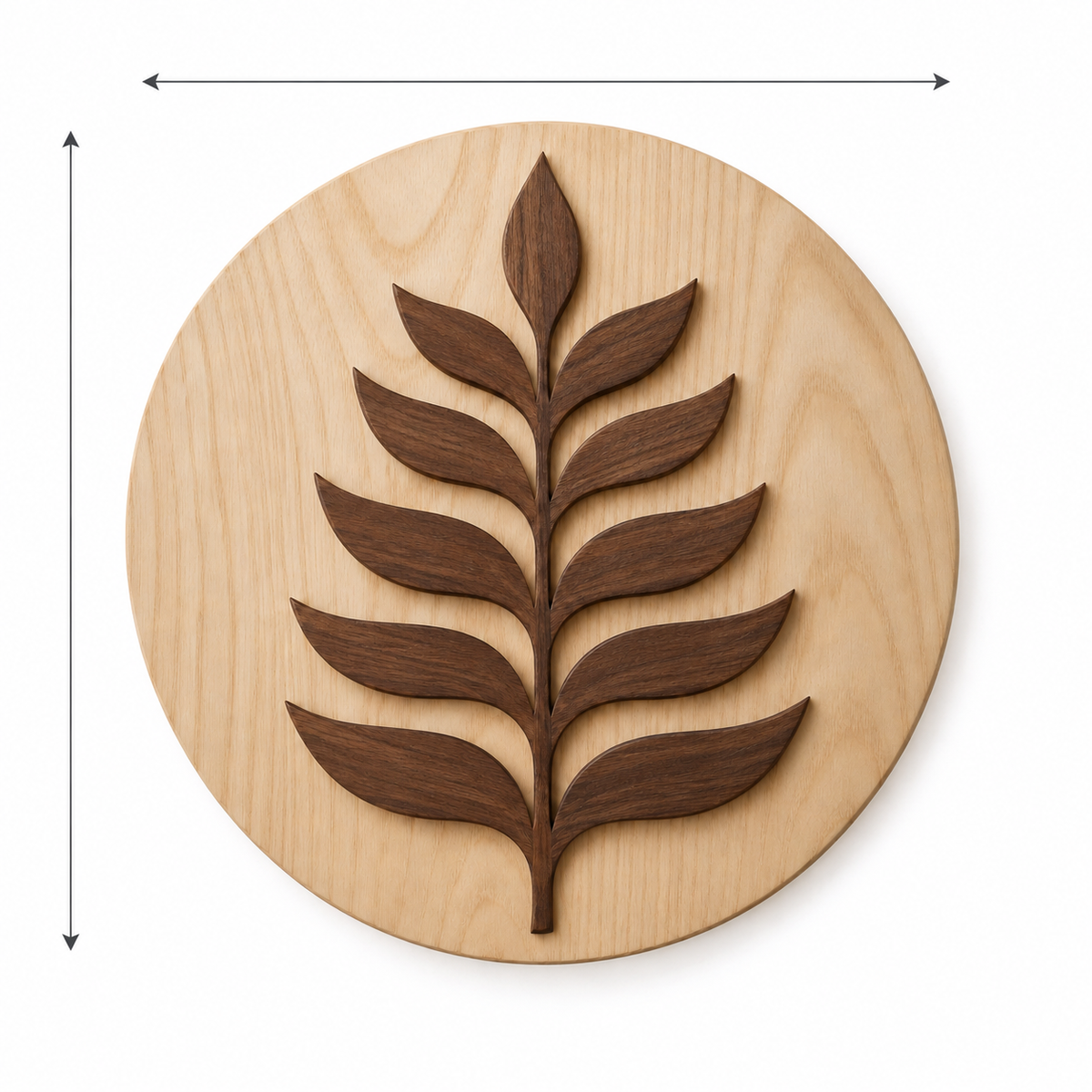 Rond houten wandpaneel met bladmotief