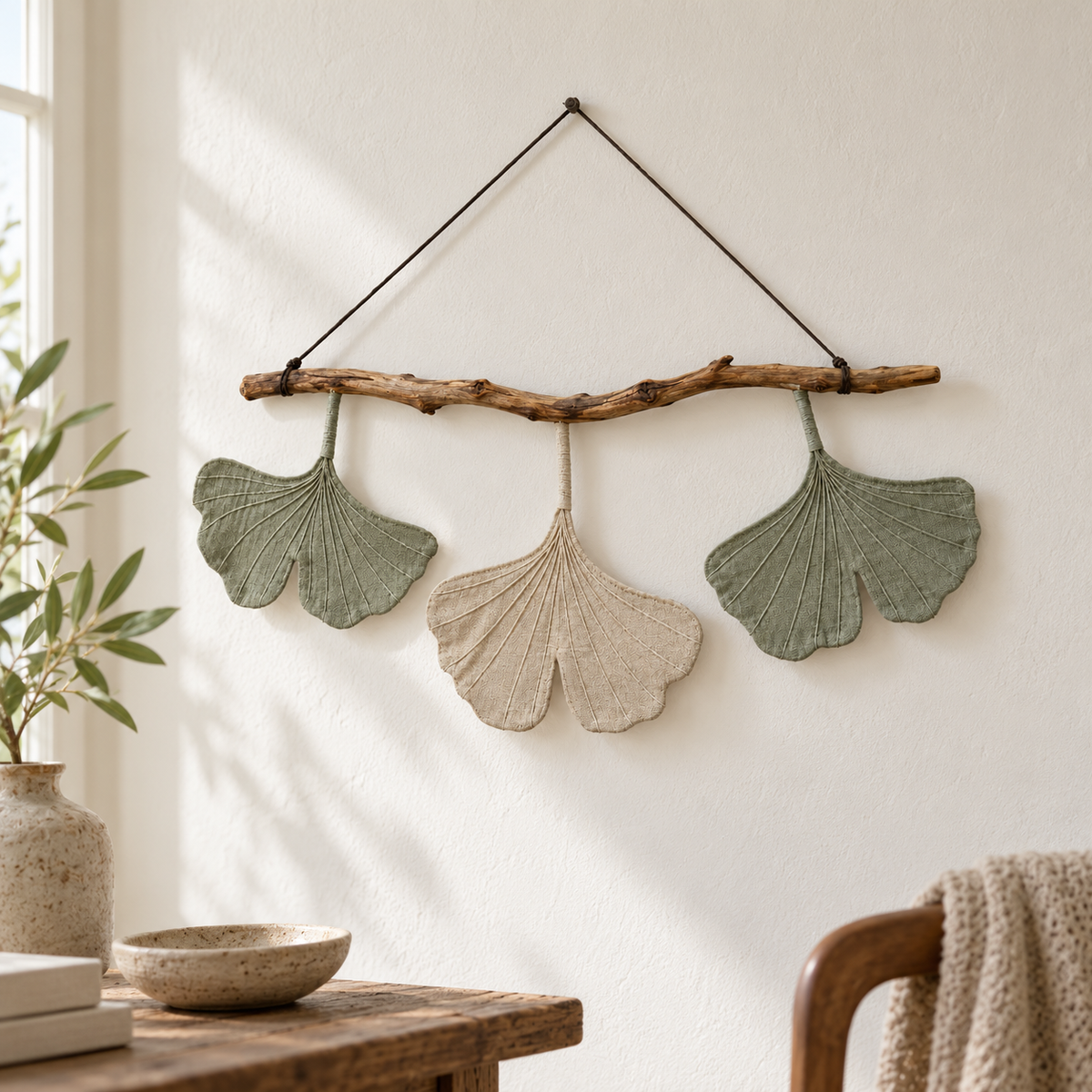 Stoffen ginkgo wandhanger met drie bladeren