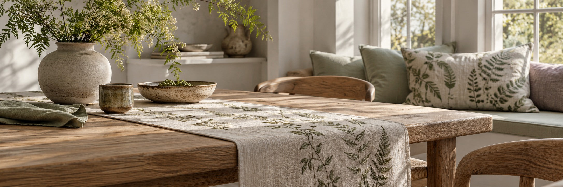 Botanisch textiel in een rustig, natuurlijk interieur